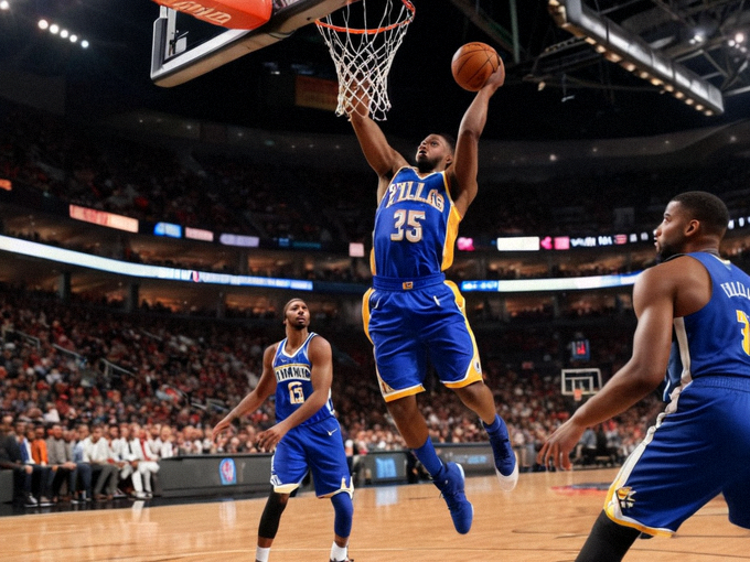 NBA 篮球比赛现场球员突破上篮，防守球员紧随其后