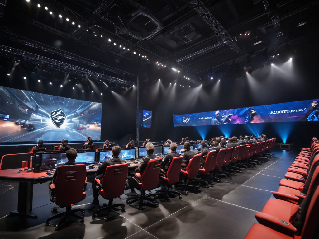 电竞赛事舞台现场，选手坐在比赛席位上专注操作
